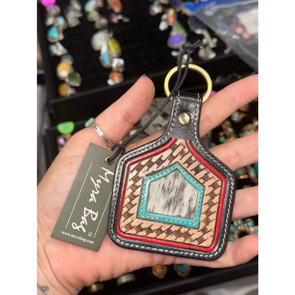 Myra Leather & Cow Hide Ear Tag Key Chain